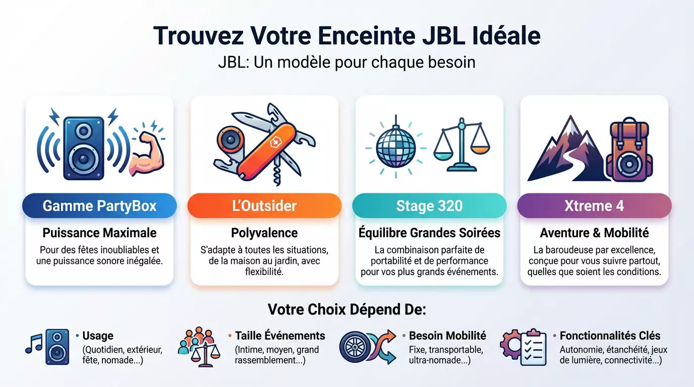 Infographie comparative pour choisir la meilleure enceinte JBL selon vos besoins