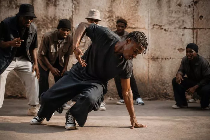 Un jeune homme effectue un mouvement de breakdance au sol, entouré de ses amis qui l'observent avec attention.